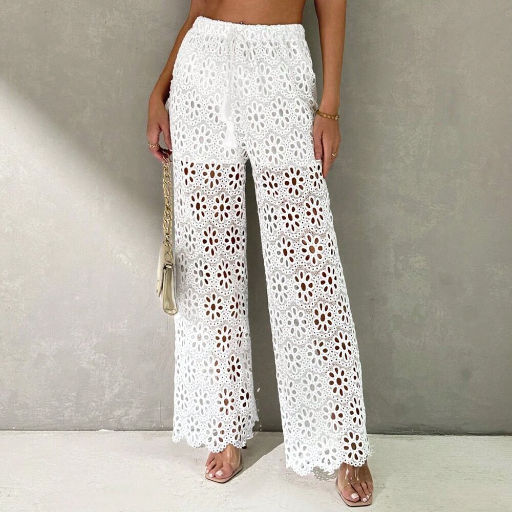 Beige Boho Women's Summer Vacation Beach Lace Crochet Hollow Out Wide Leg Pants - Picture 7 of 7